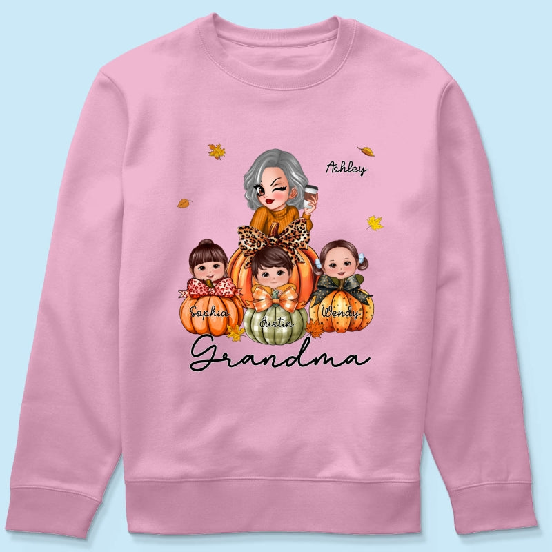 Grandma Mom Kids On Pumpkin Personalized Shirt, Fall Season Gift For Mom Grandma