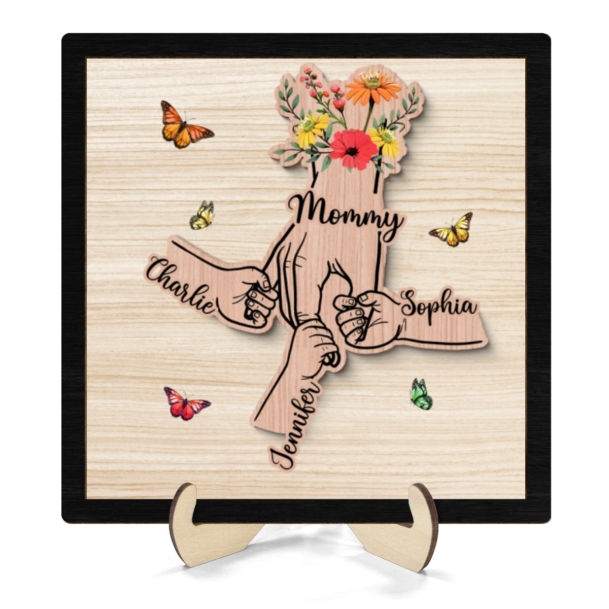 Grandma Mom Kids Hands Flowers Personalized 2-layer Wooden Plaque