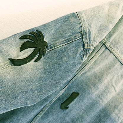 Palm Angels Men's Light Blue Logo Patches Denim Jacket