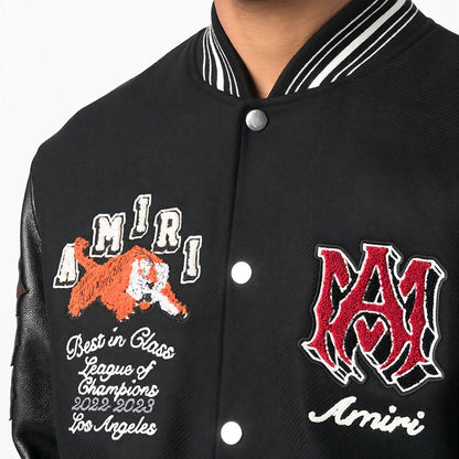 AMIRI Appliquéd Embroidered Wool-Blend Twill and Leather Varsity Jacket