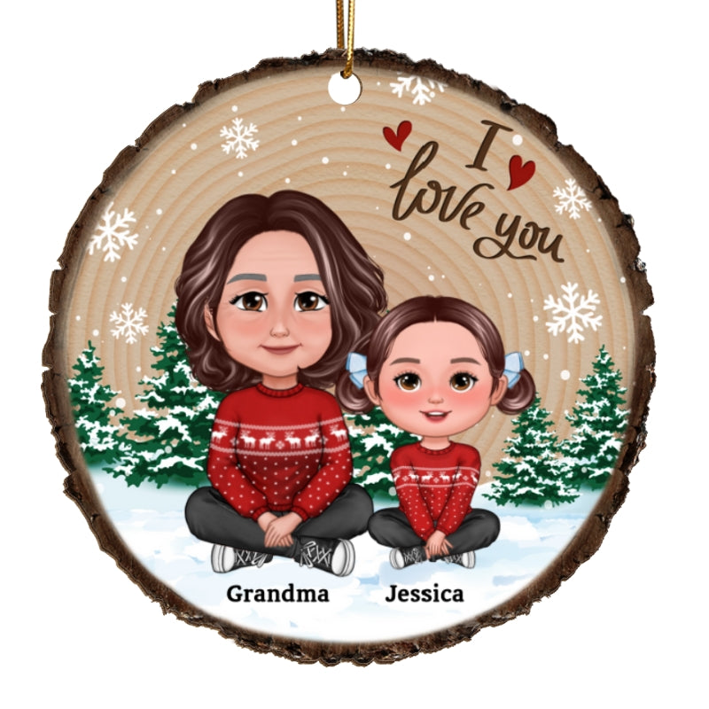 Grandma Mom Kids Sitting In Snow Wood Slice Personalized Wooden Ornament