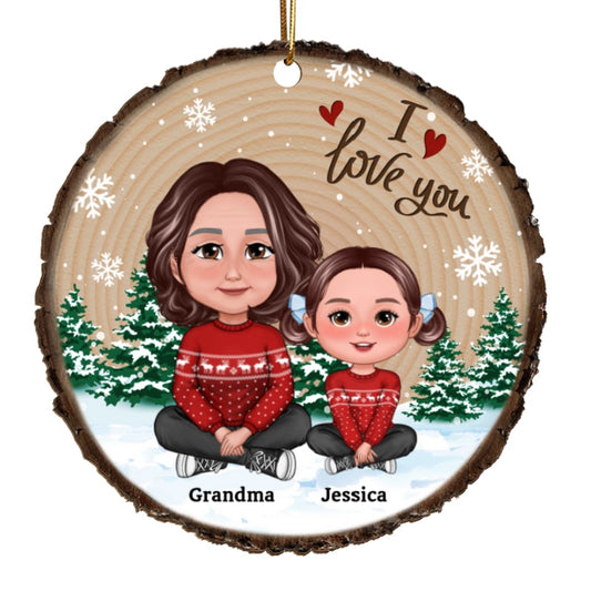 Grandma Mom Kids Sitting In Snow Wood Slice Personalized Wooden Ornament