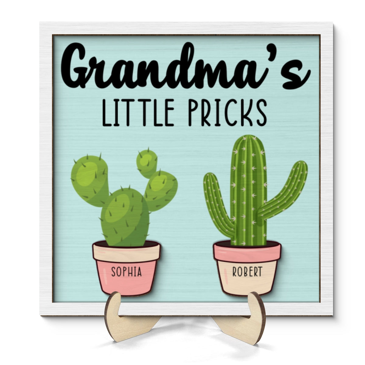 Grandma Mom Little Pricks Cactus Personalized 2-layer Wooden Plaque