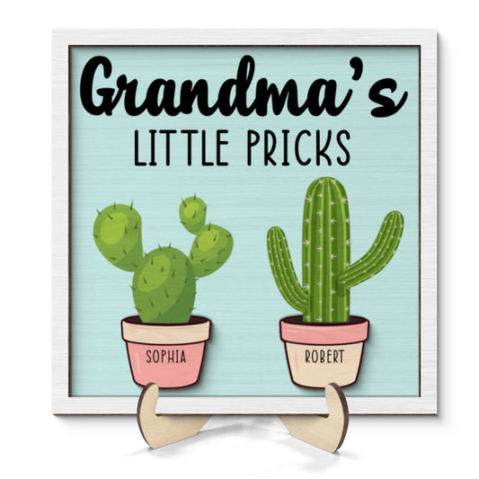 Grandma Mom Little Pricks Cactus Personalized 2-layer Wooden Plaque