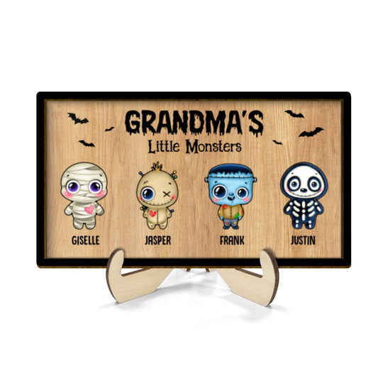 Grandma Mom Little Monsters Personalized 2-Layer Wooden Plaque, Halloween Decor