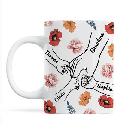 Grandma Mom & Kids Holding Hands Birth Month Flowers Personalized Mug