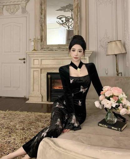 2-Piece Dark Fairy Butterfly Embroidered Velvet Dress with Choker