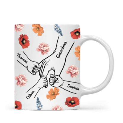 Grandma Mom & Kids Holding Hands Birth Month Flowers Personalized Mug