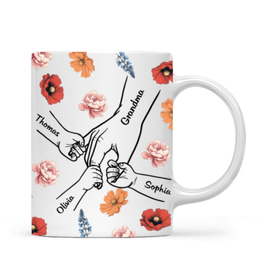 Grandma Mom & Kids Holding Hands Birth Month Flowers Personalized Mug