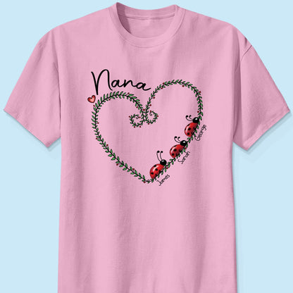 Grandma Mom Ladybug Heart Personalized Shirt