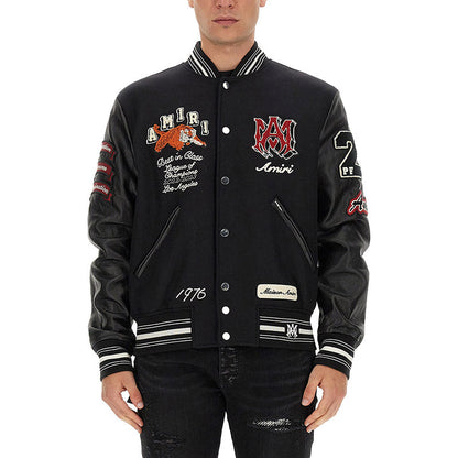 AMIRI Appliquéd Embroidered Wool-Blend Twill and Leather Varsity Jacket