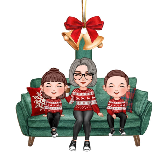 Grandma Mom Kids Christmas Sitting On Sofa Personalized Wooden Ornament