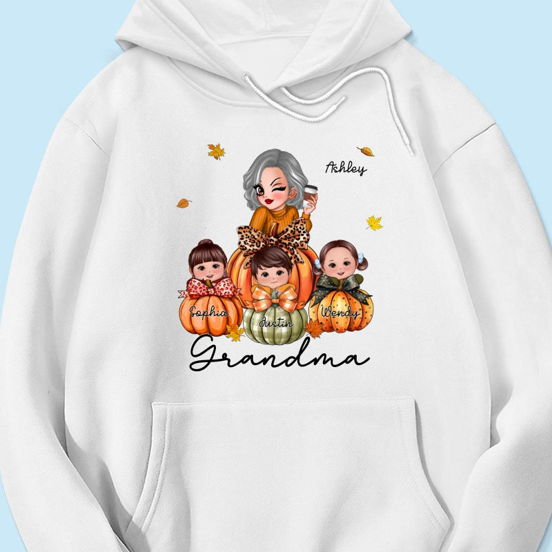 Grandma Mom Kids On Pumpkin Personalized Shirt, Fall Season Gift For Mom Grandma