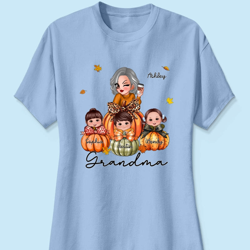 Grandma Mom Kids On Pumpkin Personalized Shirt, Fall Season Gift For Mom Grandma