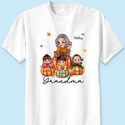 Grandma Mom Kids On Pumpkin Personalized Shirt, Fall Season Gift For Mom Grandma