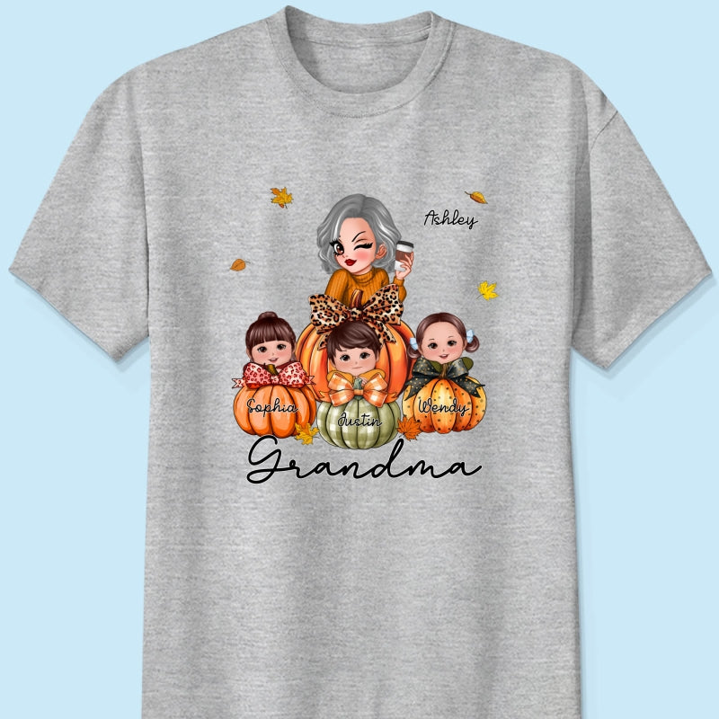 Grandma Mom Kids On Pumpkin Personalized Shirt, Fall Season Gift For Mom Grandma