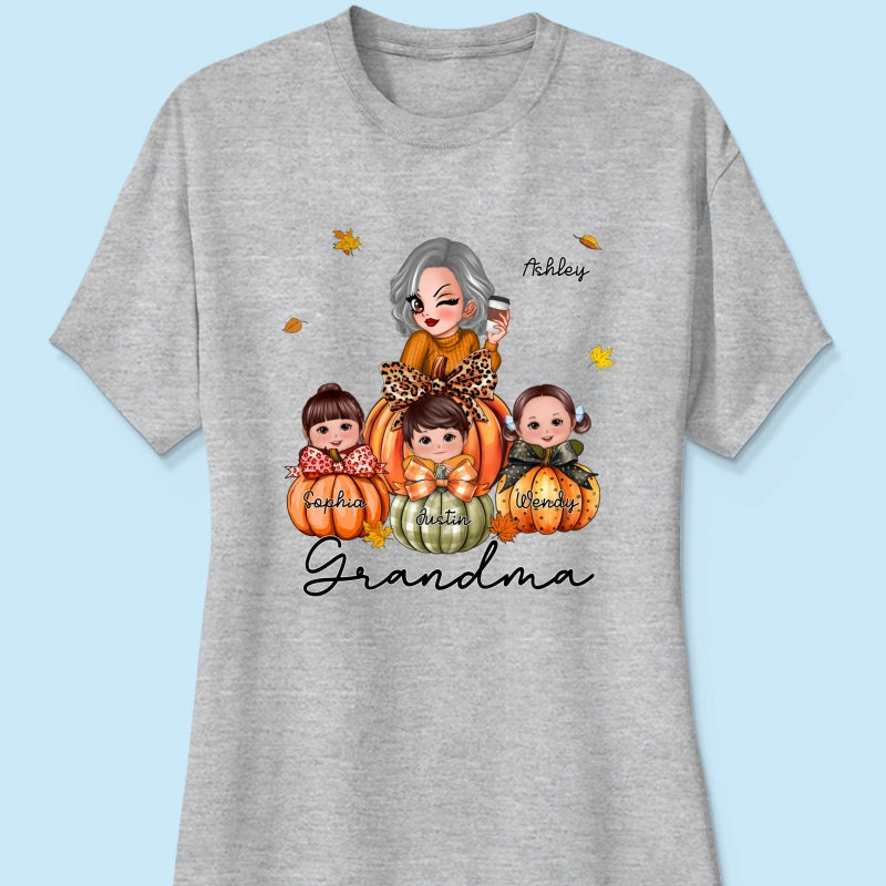 Grandma Mom Kids On Pumpkin Personalized Shirt, Fall Season Gift For Mom Grandma