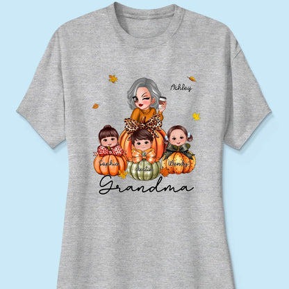 Grandma Mom Kids On Pumpkin Personalized Shirt, Fall Season Gift For Mom Grandma