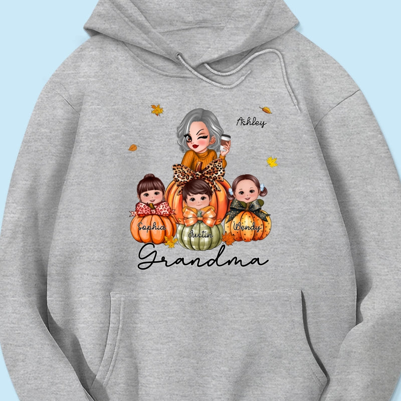 Grandma Mom Kids On Pumpkin Personalized Shirt, Fall Season Gift For Mom Grandma
