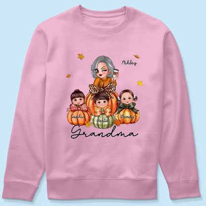 Grandma Mom Kids On Pumpkin Personalized Shirt, Fall Season Gift For Mom Grandma
