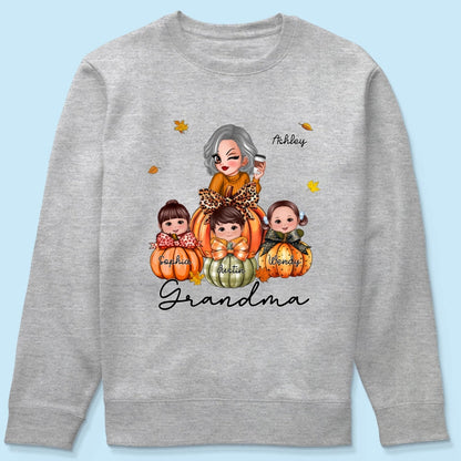 Grandma Mom Kids On Pumpkin Personalized Shirt, Fall Season Gift For Mom Grandma