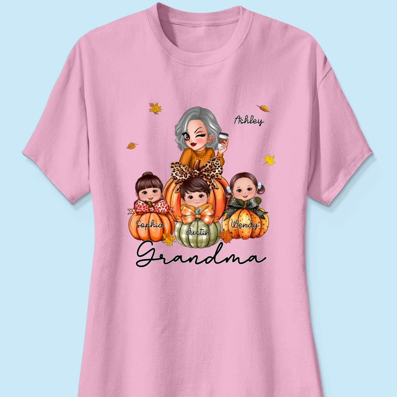 Grandma Mom Kids On Pumpkin Personalized Shirt, Fall Season Gift For Mom Grandma