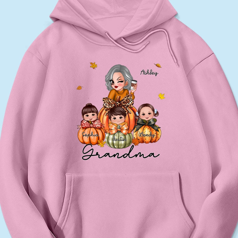 Grandma Mom Kids On Pumpkin Personalized Shirt, Fall Season Gift For Mom Grandma
