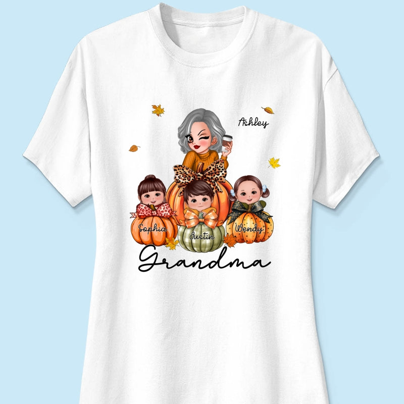 Grandma Mom Kids On Pumpkin Personalized Shirt, Fall Season Gift For Mom Grandma