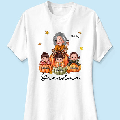 Grandma Mom Kids On Pumpkin Personalized Shirt, Fall Season Gift For Mom Grandma
