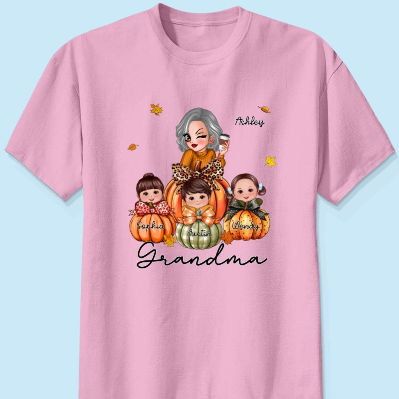 Grandma Mom Kids On Pumpkin Personalized Shirt, Fall Season Gift For Mom Grandma