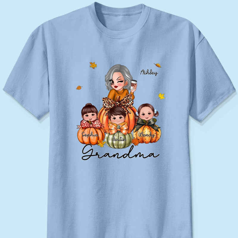 Grandma Mom Kids On Pumpkin Personalized Shirt, Fall Season Gift For Mom Grandma
