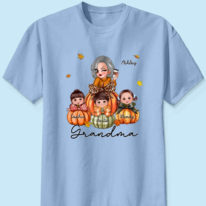 Grandma Mom Kids On Pumpkin Personalized Shirt, Fall Season Gift For Mom Grandma