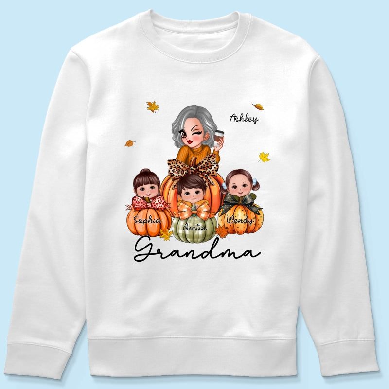 Grandma Mom Kids On Pumpkin Personalized Shirt, Fall Season Gift For Mom Grandma