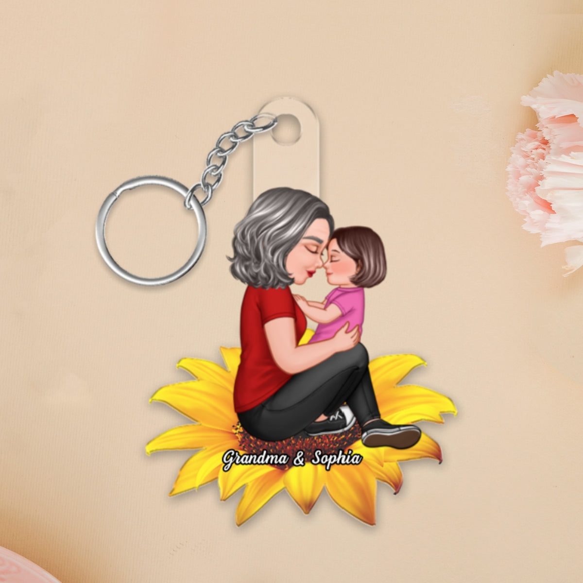 Grandma Mom Kid Sitting On Flower Personalized Acrylic Keychain, Gift For Mom, Gift For Grandma