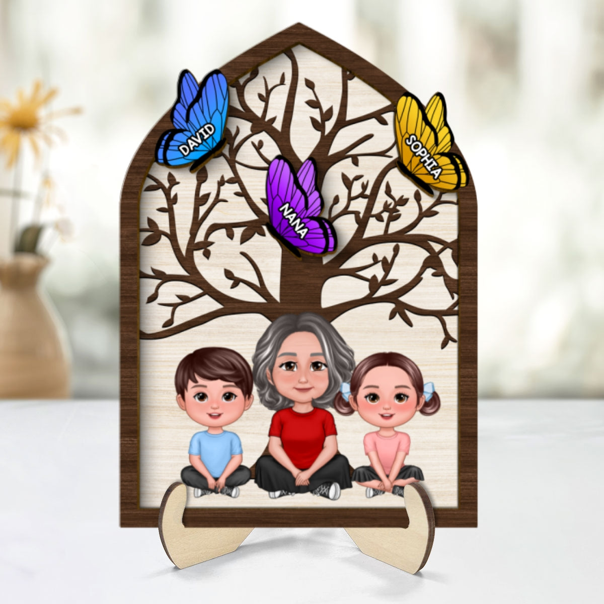 Grandma Mom Kids Crossed Legs Under Tree Butterflies Personalized 2-layer Wooden Plaque
